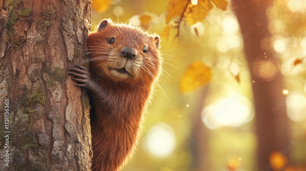 Poster a curious animal peeks from behind a tree in a serene, autumn forest setting.