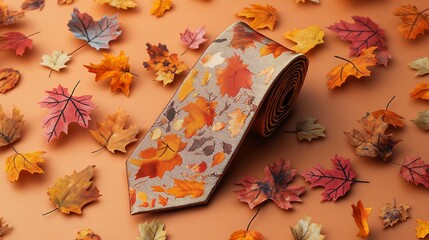Elegant Thanksgiving tie with fall leaves pattern, warm tones of orange and brown.