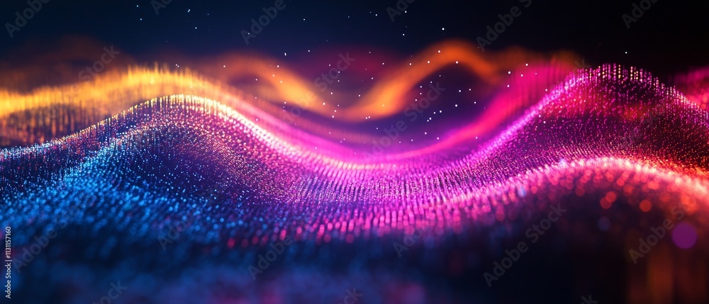 Poster resonant audio tones displayed in deep vibrant layers of colorful digital sound visualization repres