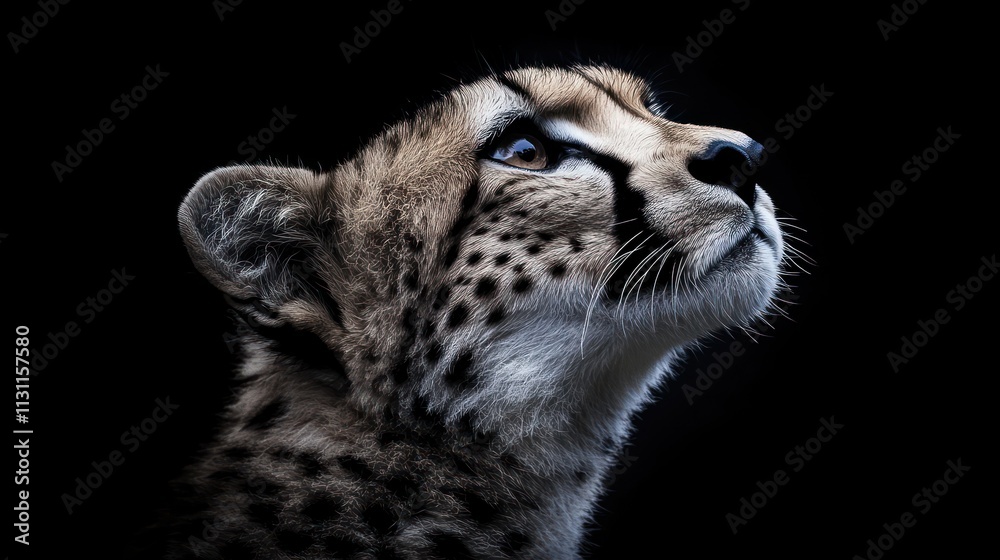 Poster a close-up of a cheetah looking upward against a dark background.