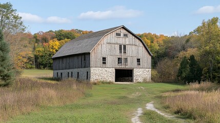 Obraz premium Rustic wooden barn in autumnal landscape.
