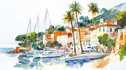 Picturesque Mediterranean Harbor: A Watercolor Painting of a Coastal Town