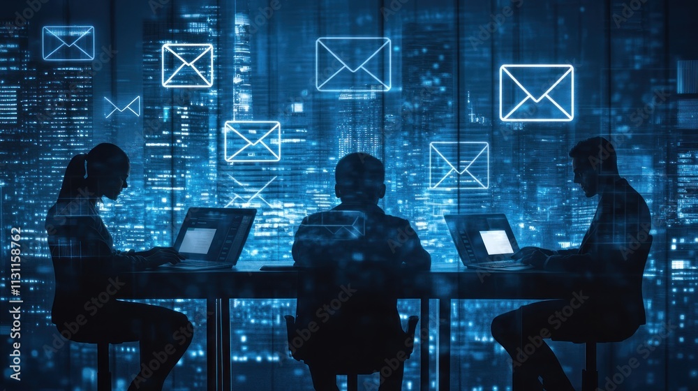 Poster silhouettes of individuals working on laptops with digital email icons in a cityscape background.
