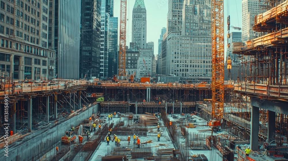 Poster A bustling construction industry scene with multiple high-rise projects in progress, cranes in motion, and workers building various structures. 
