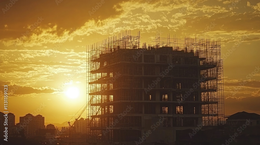 Poster A half-completed building surrounded by scaffolding, with the sun setting behind the structure, casting a golden hue over the construction project. 