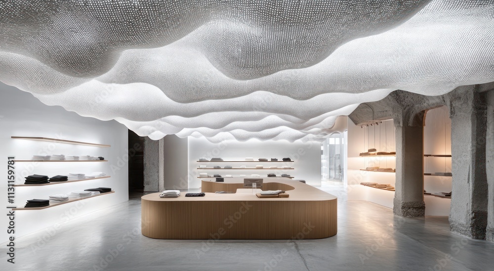 Poster modern retail space with a sculptural ceiling and minimalist design for showcasing products.