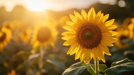 Obraz premium Golden sunflower field at sunset.