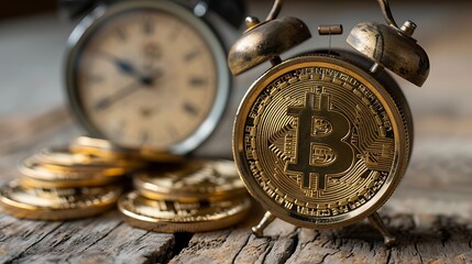 Bitcoin piles next to alarm clock