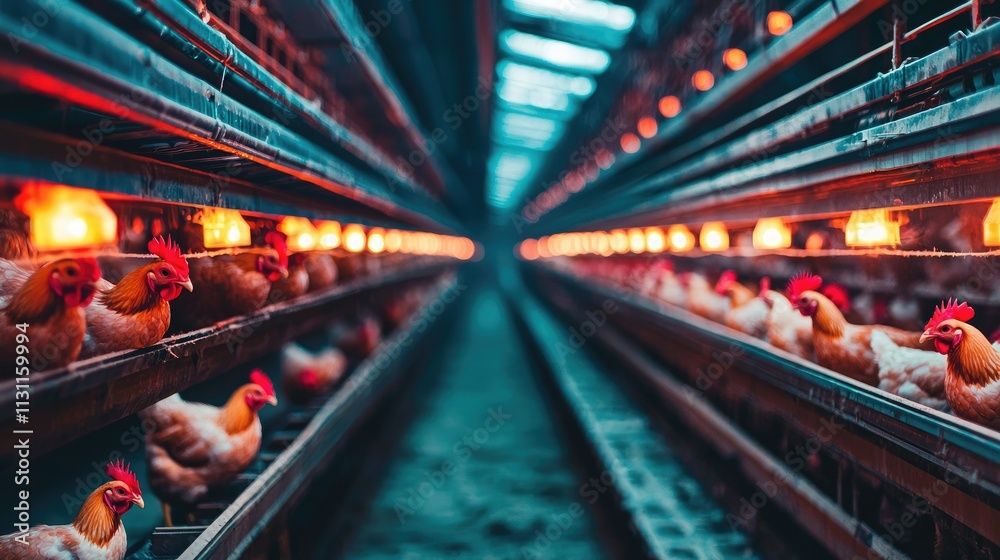 Poster rows of chickens in a modern poultry farm, with automatic feeders and lights in a large barn.