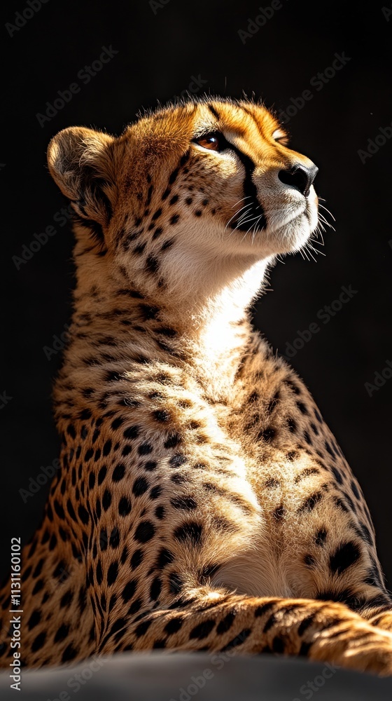Poster a close-up of a cheetah showcasing its distinct spots and profile in natural lighting.