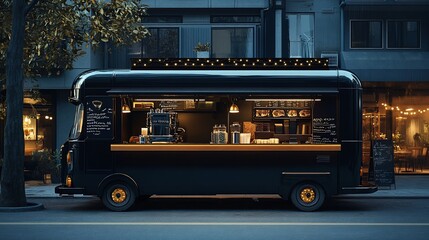 Stylish black coffee truck parked on city street at night.