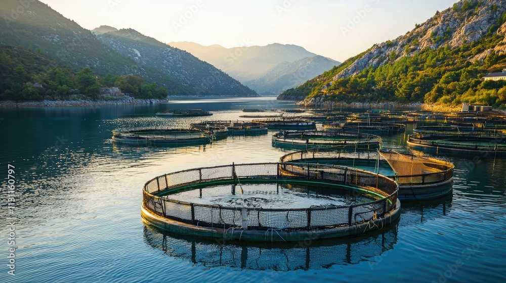 Aufkleber a fish farm with large circular enclosures floating in calm water, surrounded by mountains and a cle