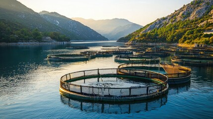 A fish farm with large circular enclosures floating in calm water, surrounded by mountains and a clear sky. 