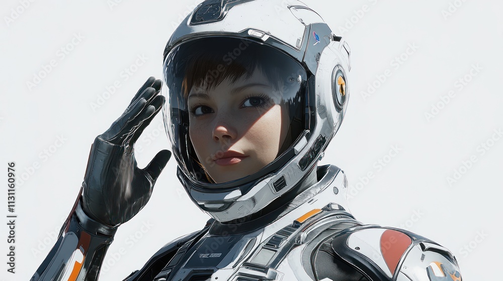 Poster a futuristic character in a space suit saluting, showcasing advanced technology and exploration.