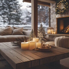 winter festive festival Christmas snow celebration cozy warm home living room indoor wooden table lit candles snowy landscape peaceful atmosphere fireplace