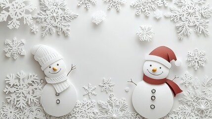 Obraz premium A festive winter scene featuring two cheerful snowmen surrounded by delicate white snowflakes on a light background.