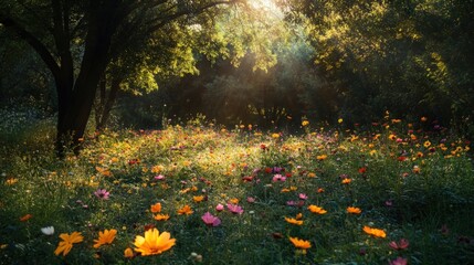 Obraz premium Sunlit wildflowers bloom in a lush forest.