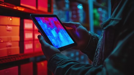 Monitoring distribution flow on tablet close up smooth logistics surreal overlay distribution center