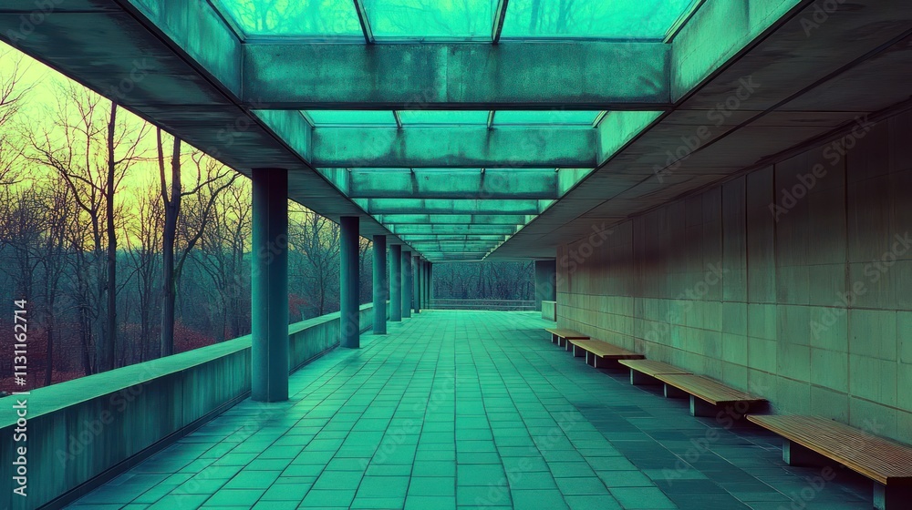 Poster a serene architectural space with a glass ceiling and benches, surrounded by trees.