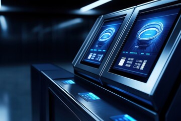 Two futuristic screens display digital data in a sleek, dark environment, emphasizing technology and modern design.