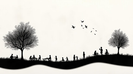 Silhouette of Families and Children Enjoying Outdoor Activities in Nature