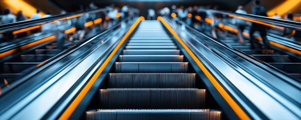 Obraz premium A modern escalator leads upward, illuminated with warm lighting, showcasing a bustling environment filled with people in motion.