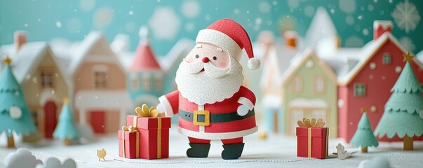 A festive scene featuring a cheerful Santa Claus surrounded by colorful presents and a charming winter village backdrop.