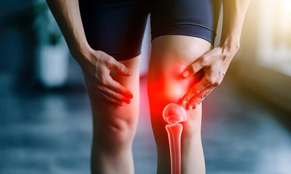 A woman is holding her knee in pain. The knee is red and swollen. Concept of discomfort and pain