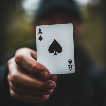 Mano che tiene in primo piano una carta da gioco con l'asso di picche.
