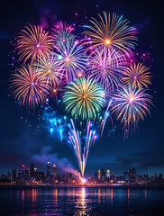 Spectacular Fireworks Display Over Serene Waters Celebrating a Festive Night