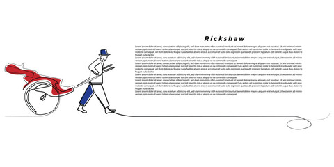 continuous line drawing of a rickshaw pulling.one line drawing of a portrait of traditional Japanese transport.single line of a man in traditional clothing pulling a rickshaw with passengers.