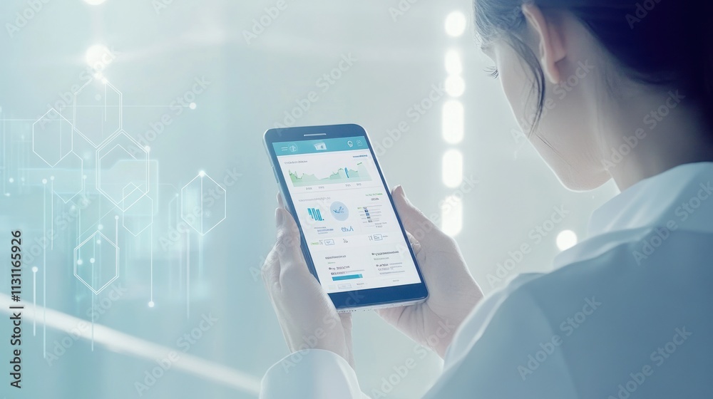 Poster A person using a smartphone to access data in a modern, tech-focused environment.