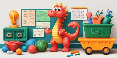 Obraz premium A colorful dragon toy surrounded by educational materials and various playful objects.