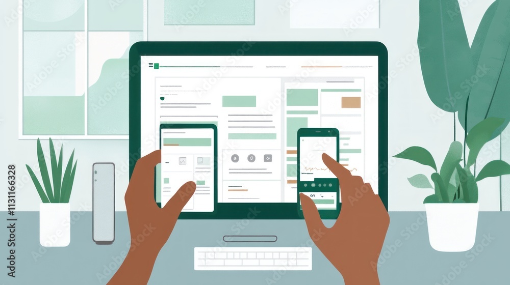 Poster illustration of hands using a smartphone and tablet, showcasing digital interaction.