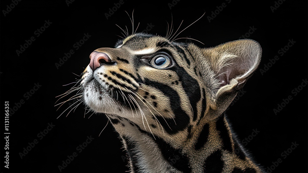 Poster a close-up portrait of an ocelot with striking features against a dark background.