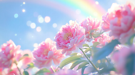 Obraz premium Beautiful pink peonies bloom under a vibrant rainbow on a sunny day in a garden