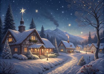 Fototapeta premium winter landscape with houses and trees decorated with gold patchwork ornament artificial star hearts presents