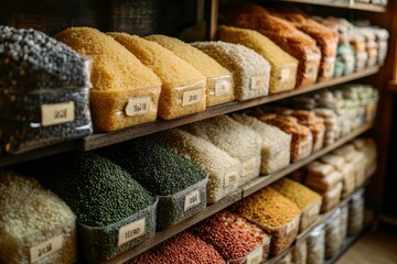 Fototapeta premium Neatly Displayed Rice and Lentils in Grocery Aisle