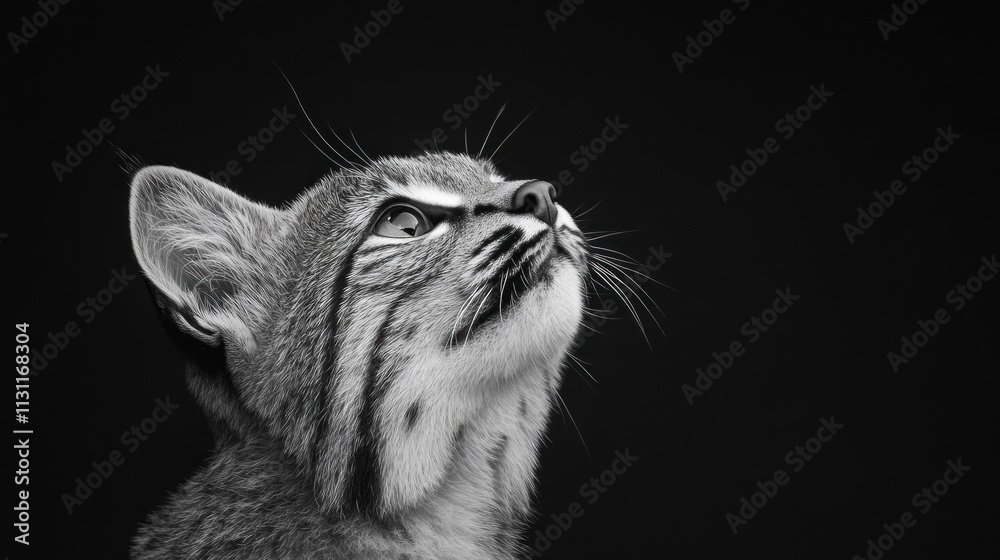 Poster a black and white portrait of a cat looking upwards, showcasing its features and expression.