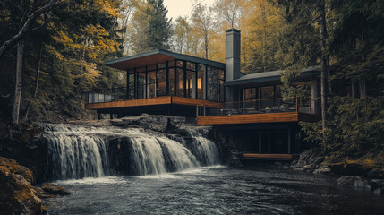 Fototapeta premium Modern eco-friendly home built on a waterfall, wooden decks jutting out over the water, captured with dramatic evening light