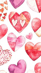 Valentine Love Watercolor. A vibrant pattern of watercolor hearts in various shades of pink and red, perfect for romantic themes and celebrations.