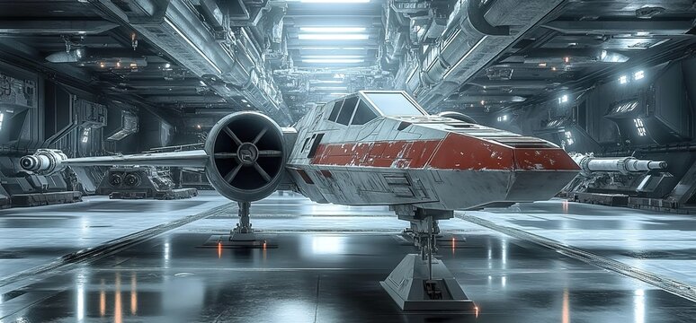A small Star Wars X-Wing fighter sitting in the hangar bay of an Imperial Star Destroyer