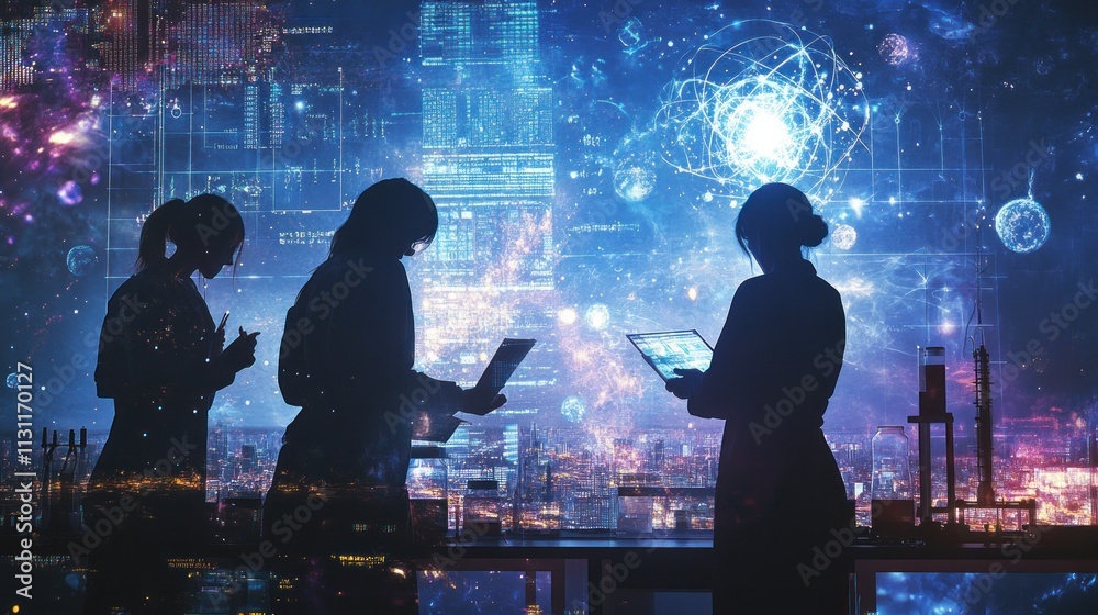 Aufkleber silhouettes of scientists working with technology against a cosmic background.