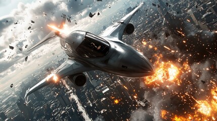 Naklejka premium Jet fighter escaping fiery city destruction.