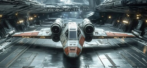 A small Star Wars X-Wing fighter sitting in the hangar bay of an Imperial Star Destroyer