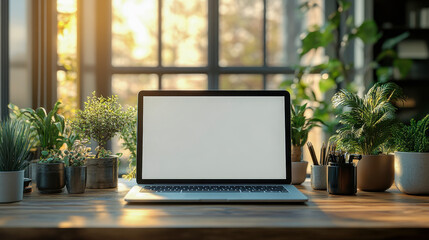 Fototapeta premium Laptop with blank sticker on desk surrounded by houseplants in sunlit room