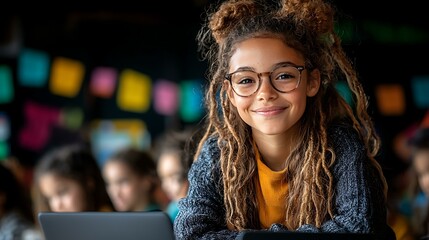 A teacher conducting a lesson on the importance of online kindness, with students creating positive social media posts on their laptops