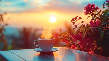 Fototapeta premium Vibrant energy of a new day with a steaming cup of coffee on a cozy terrace overlooking a serene scenic sunrise landscape The peaceful tranquil atmosphere and warm