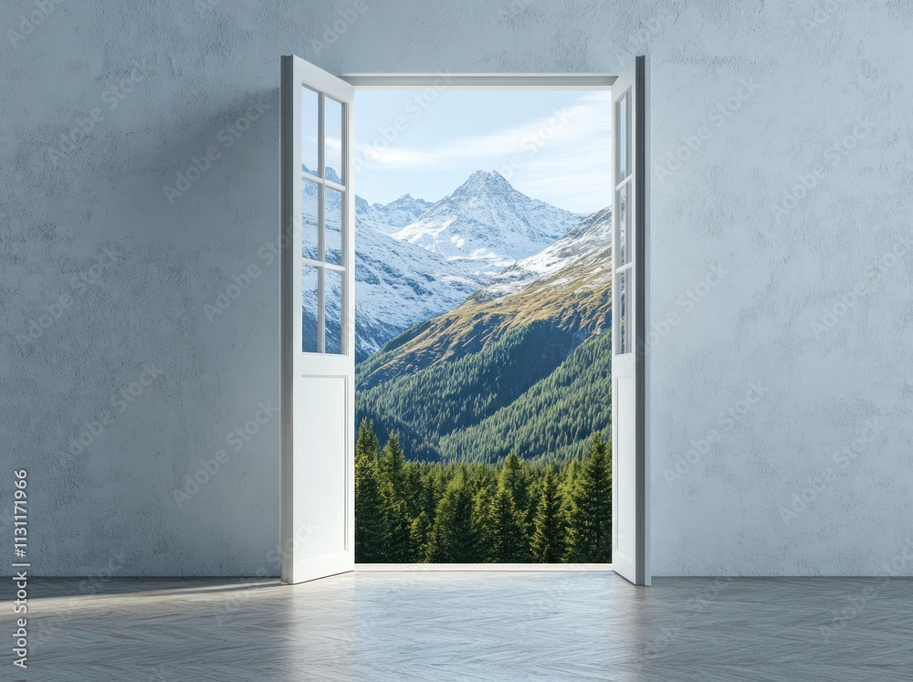 Poster A serene view of mountains and forests through an open door in a minimalist room.