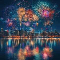 Fototapeta premium Vibrant fireworks display over a city skyline reflected in calm water at night.